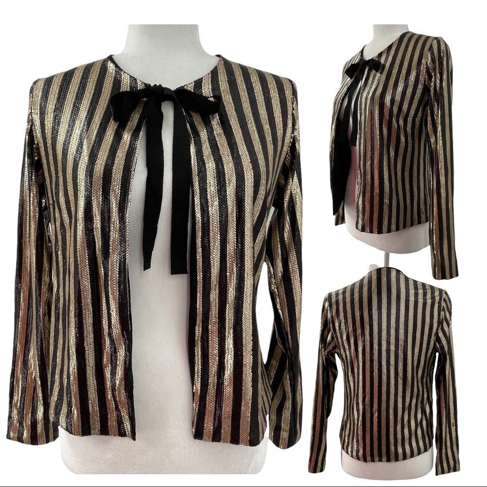 Julian Chang Gold Black Sequin Stripe Randy Jacket Open Tie Cardigan Small